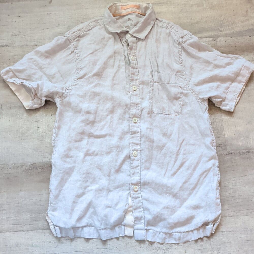 Tommy Bahama Men's Beige 100% Linen Short Sleeve Button Down Shirt Size Medium